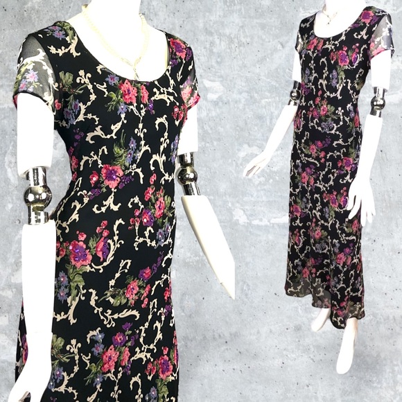 Vintage 90s Beaded Sequined Semi Sheer Floral Maxi Dress New Old Stock with Tag - Picture 2 of 5